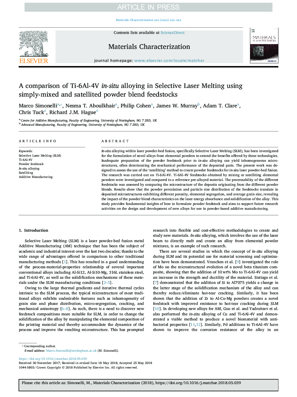 A comparison of Ti-6Al-4V in-situ alloying in Selective Laser Melting using simply-mixed and satellited powder blend feedstocks