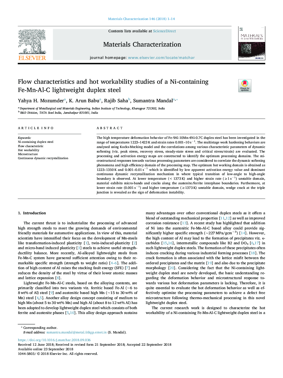 Flow characteristics and hot workability studies of a Ni-containing FeâMnâAlâC lightweight duplex steel