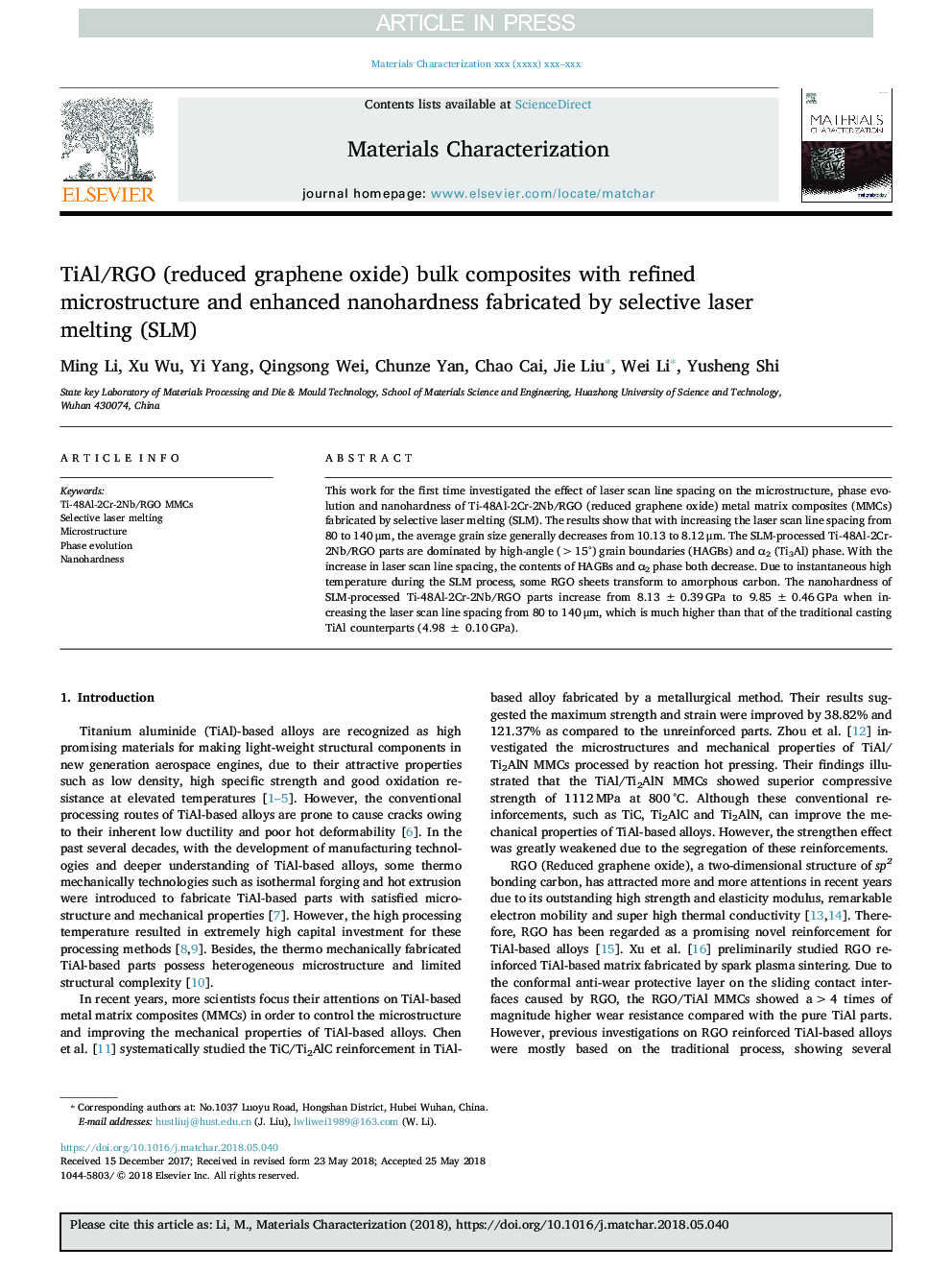 TiAl/RGO (reduced graphene oxide) bulk composites with refined microstructure and enhanced nanohardness fabricated by selective laser melting (SLM)