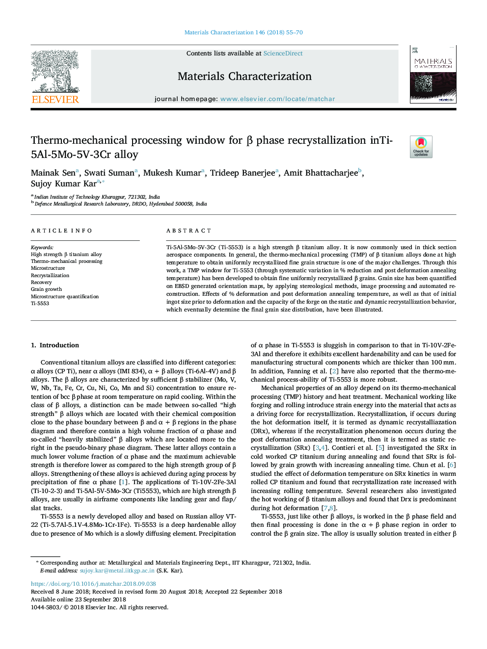 Thermo-mechanical processing window for Î² phase recrystallization inTi-5Al-5Mo-5V-3Cr alloy