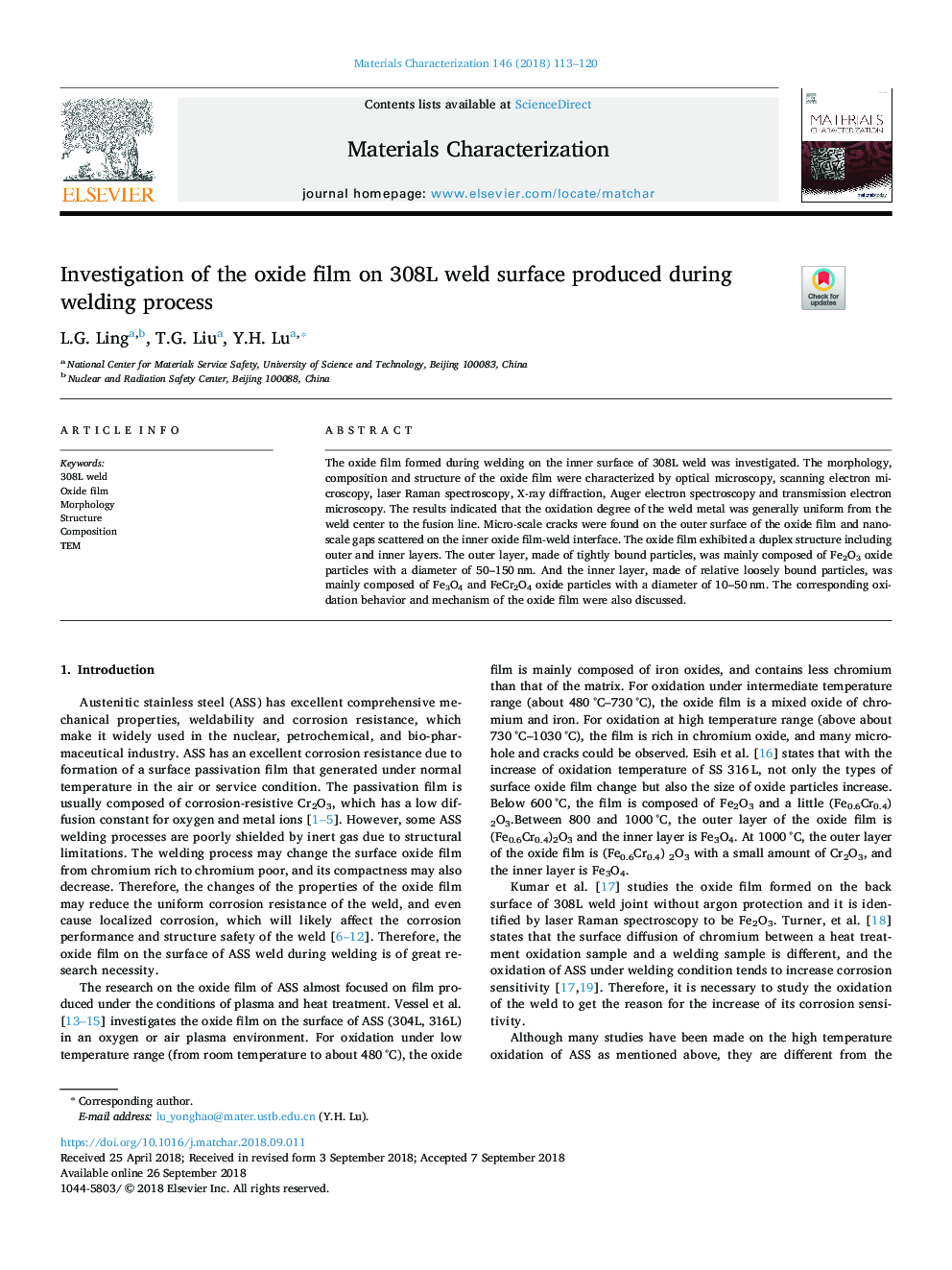 Investigation of the oxide film on 308L weld surface produced during welding process