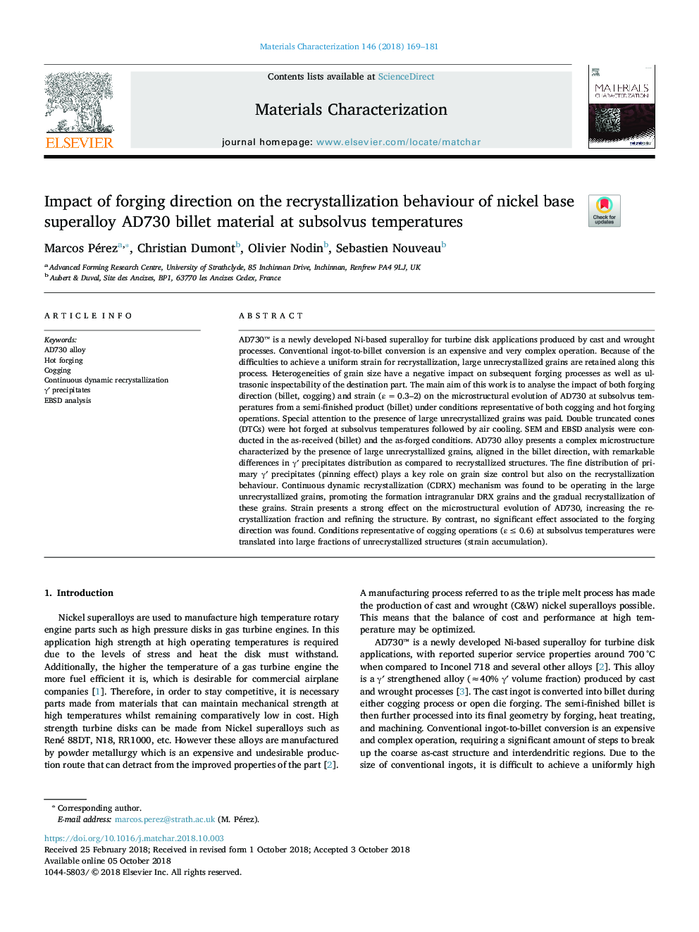 Impact of forging direction on the recrystallization behaviour of nickel base superalloy AD730 billet material at subsolvus temperatures