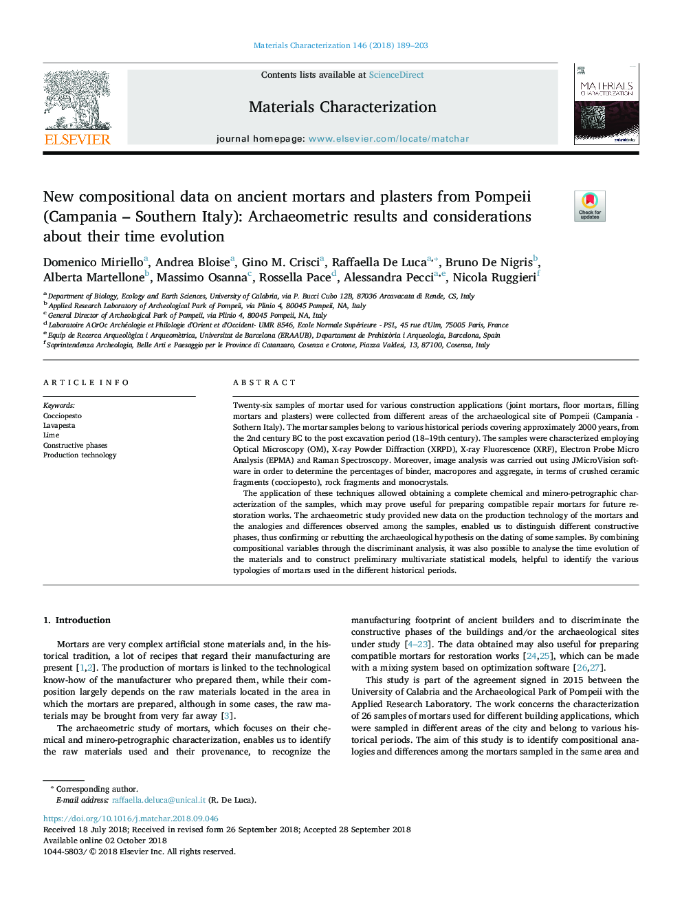 New compositional data on ancient mortars and plasters from Pompeii (Campania - Southern Italy): Archaeometric results and considerations about their time evolution