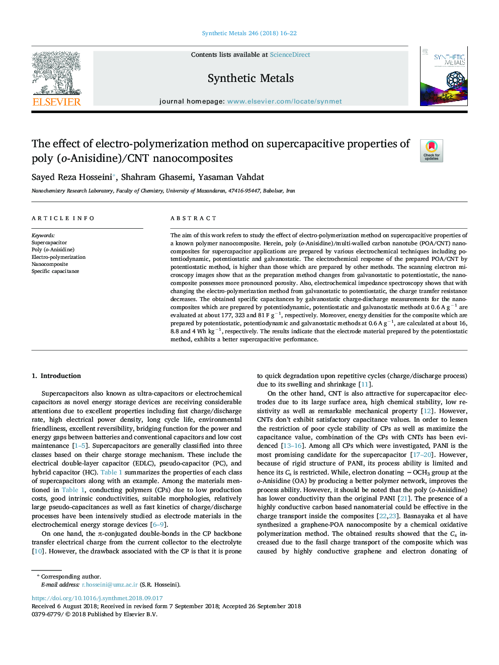 The effect of electro-polymerization method on supercapacitive properties of poly (o-Anisidine)/CNT nanocomposites