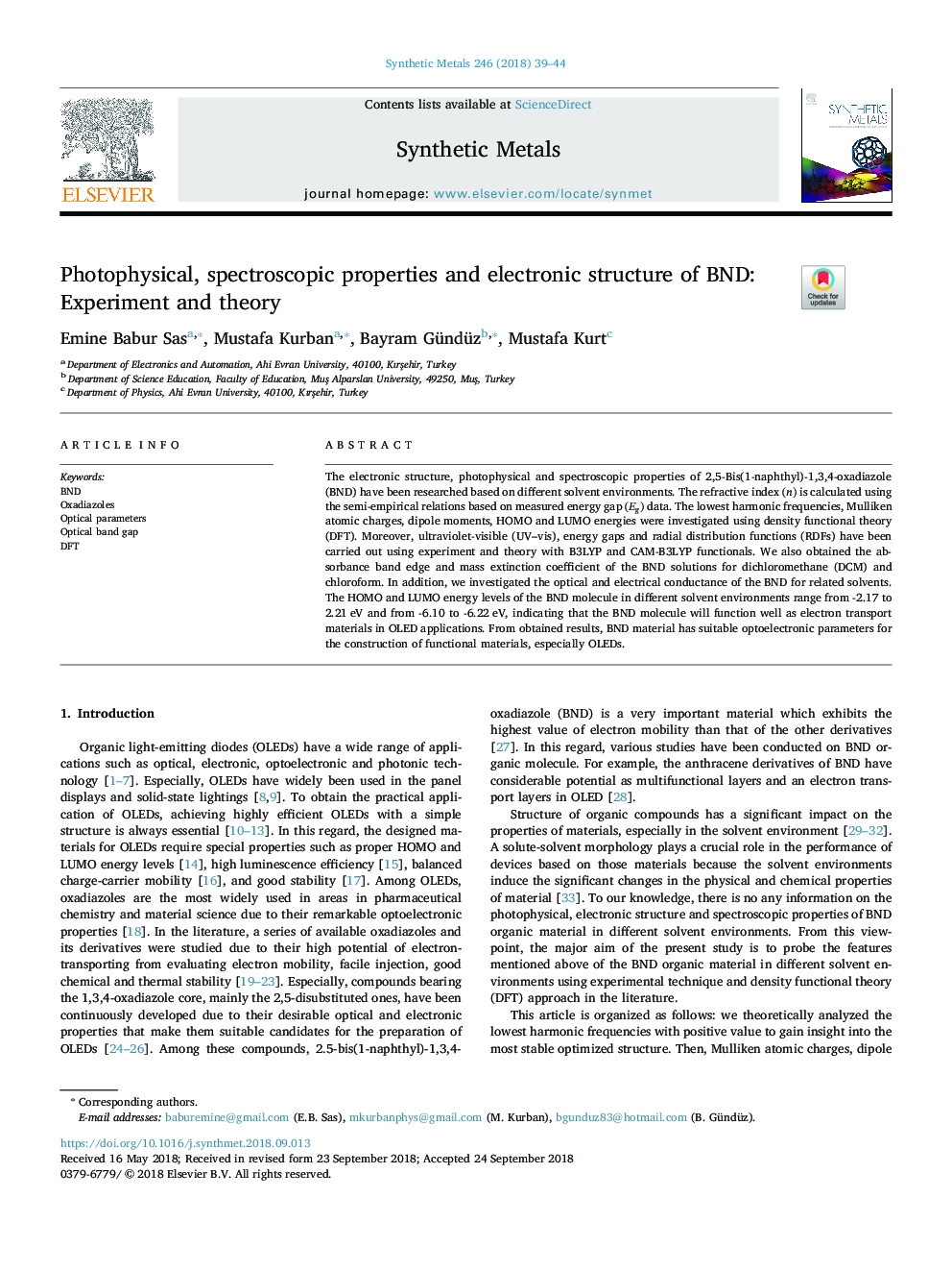 Photophysical, spectroscopic properties and electronic structure of BND: Experiment and theory