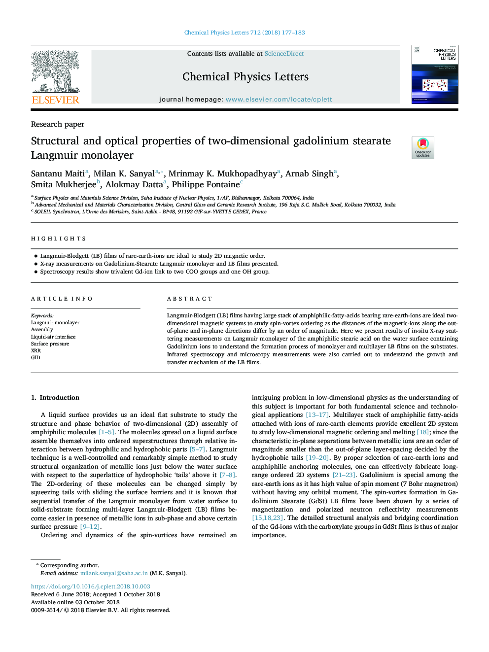 Structural and optical properties of two-dimensional gadolinium stearate Langmuir monolayer