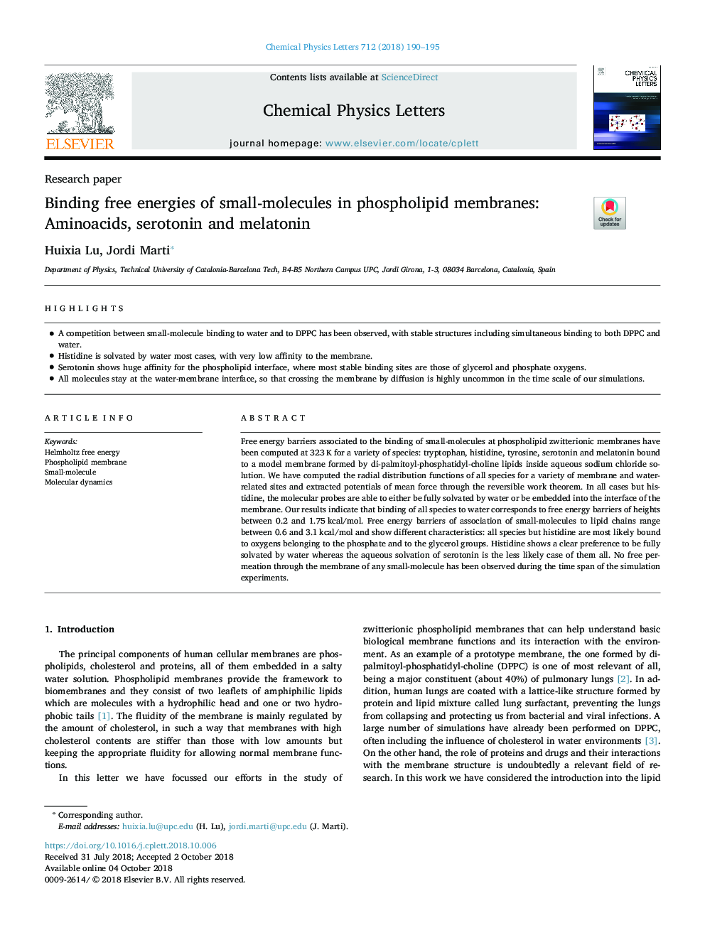 Binding free energies of small-molecules in phospholipid membranes: Aminoacids, serotonin and melatonin