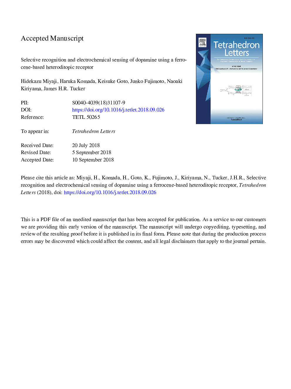 Selective recognition and electrochemical sensing of dopamine using a ferrocene-based heteroditopic receptor