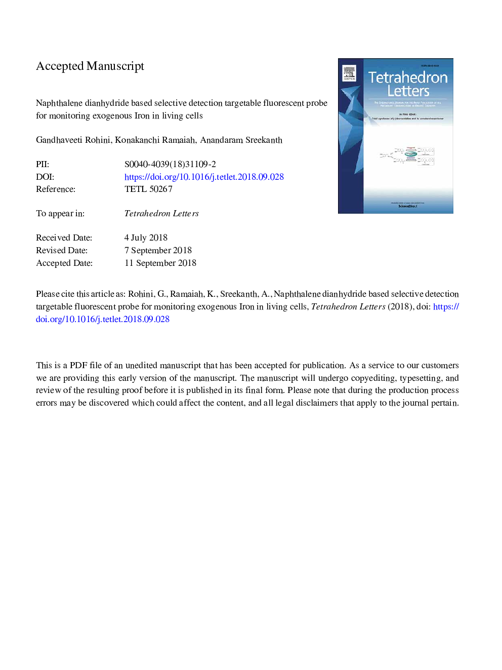 Naphthalene dianhydride based selective detection targetable fluorescent probe for monitoring exogenous Iron in living cells