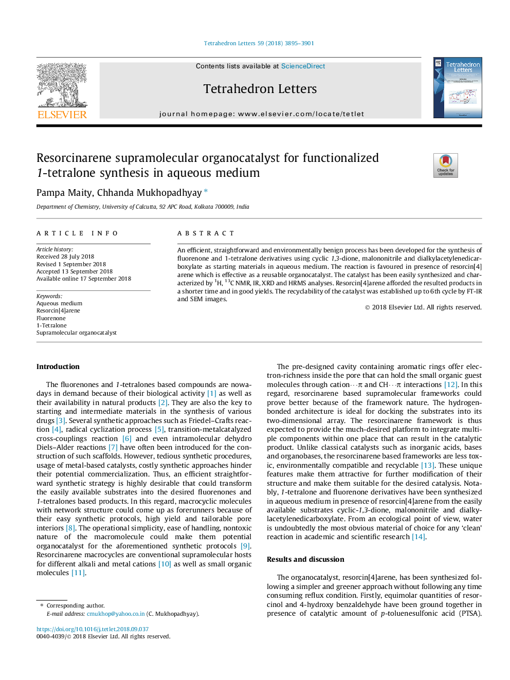 عکس صفحه اول مقاله: Resorcinarene supramolecular organocatalyst for functionalized 1-tetralone synthesis in aqueous medium Resorcinarene supramolecular organocatalyst for functionalized 1-tetralone synthesis in aqueous medium