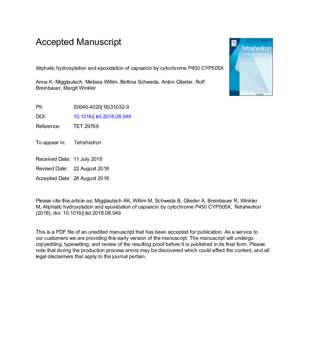 Aliphatic hydroxylation and epoxidation of capsaicin by cytochrome P450 CYP505X