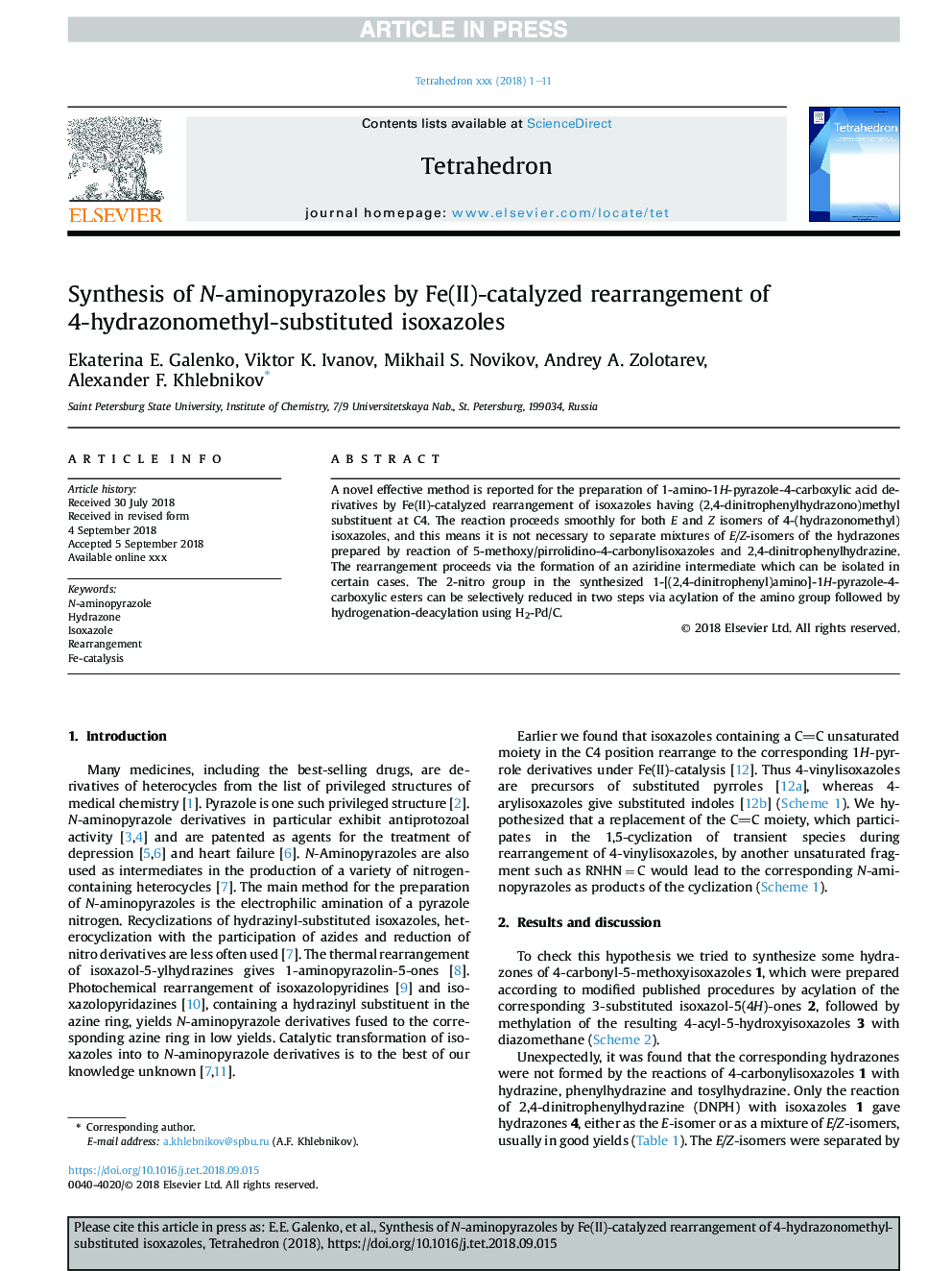 Synthesis of N-aminopyrazoles by Fe(II)-catalyzed rearrangement of 4-hydrazonomethyl-substituted isoxazoles