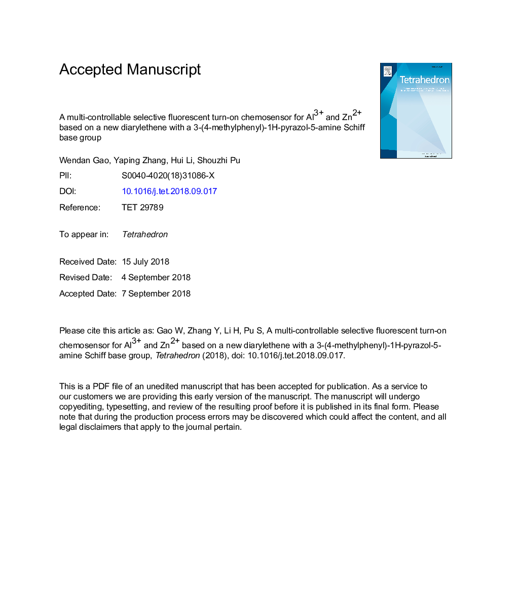 A multi-controllable selective fluorescent turn-on chemosensor for Al3+ and Zn2+ based on a new diarylethene with a 3-(4-methylphenyl)-1H-pyrazol-5-amine Schiff base group