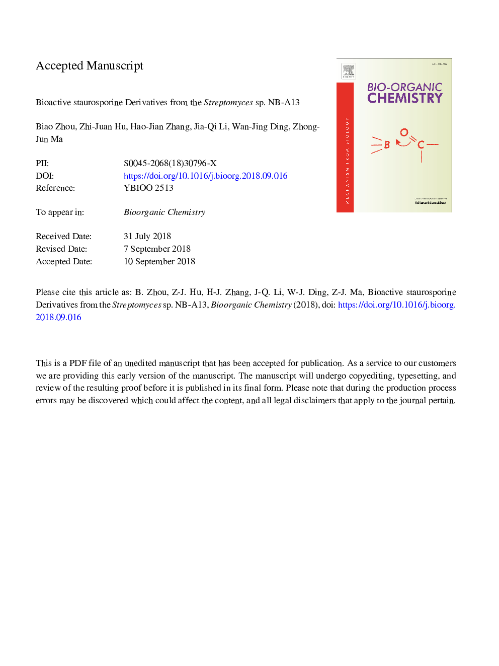 Bioactive staurosporine derivatives from the Streptomyces sp. NB-A13