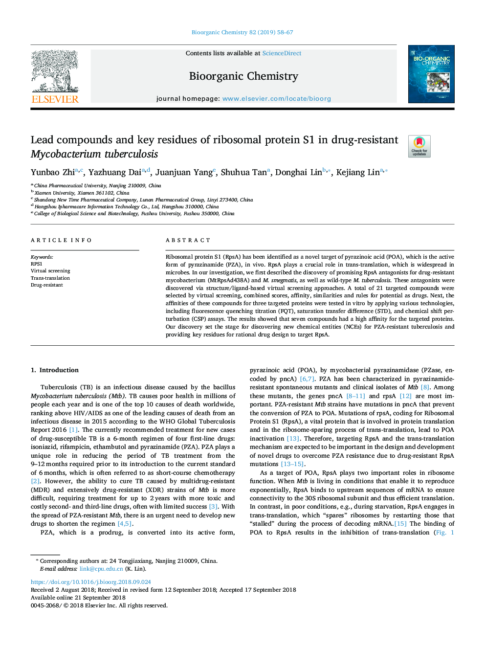 Lead compounds and key residues of ribosomal protein S1 in drug-resistant Mycobacterium tuberculosis