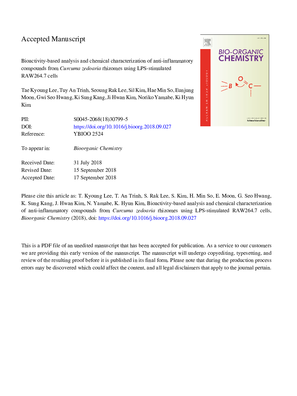 Bioactivity-based analysis and chemical characterization of anti-inflammatory compounds from Curcuma zedoaria rhizomes using LPS-stimulated RAW264.7 cells