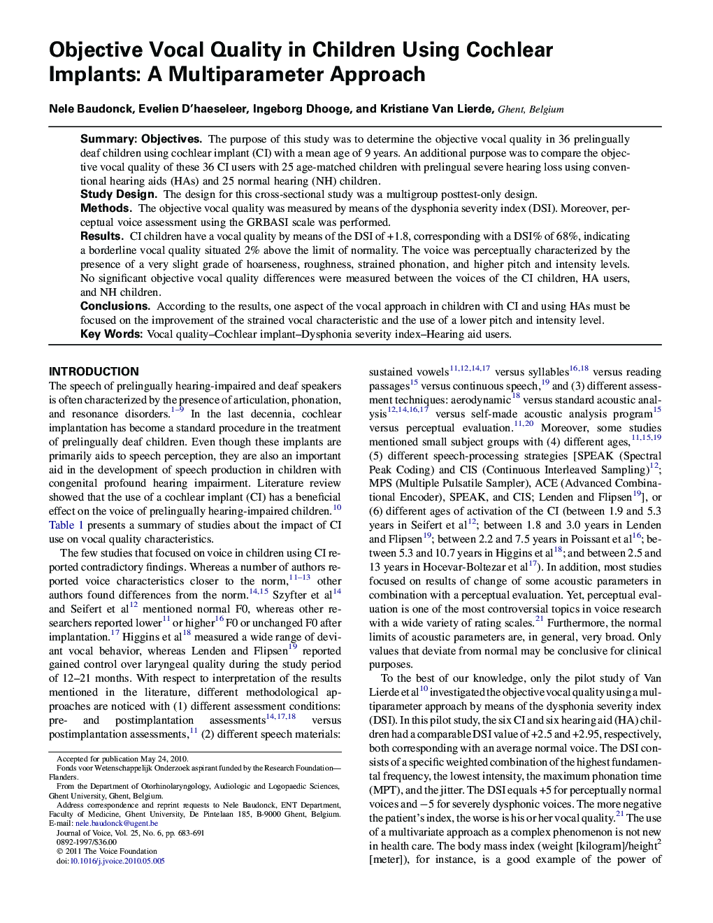 Objective Vocal Quality in Children Using Cochlear Implants: A Multiparameter Approach 