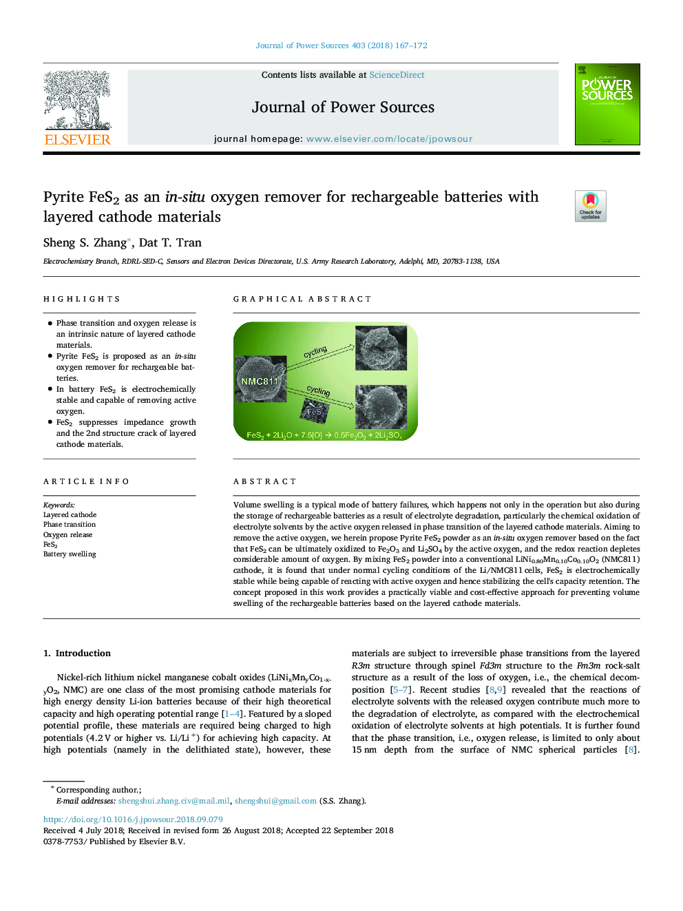 Pyrite FeS2 as an in-situ oxygen remover for rechargeable batteries with layered cathode materials