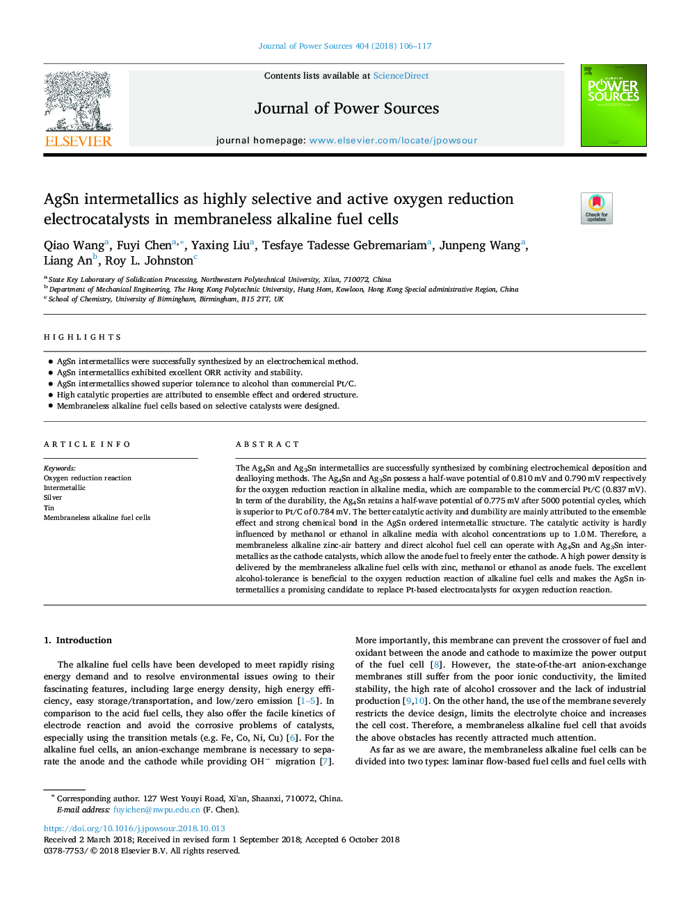 AgSn intermetallics as highly selective and active oxygen reduction electrocatalysts in membraneless alkaline fuel cells