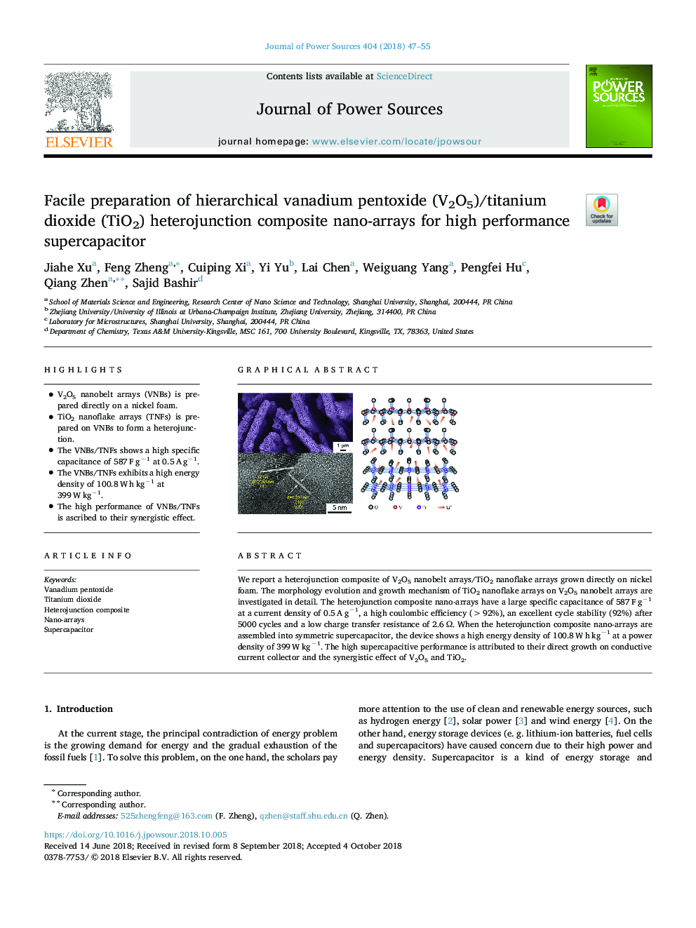 Facile preparation of hierarchical vanadium pentoxide (V2O5)/titanium dioxide (TiO2) heterojunction composite nano-arrays for high performance supercapacitor
