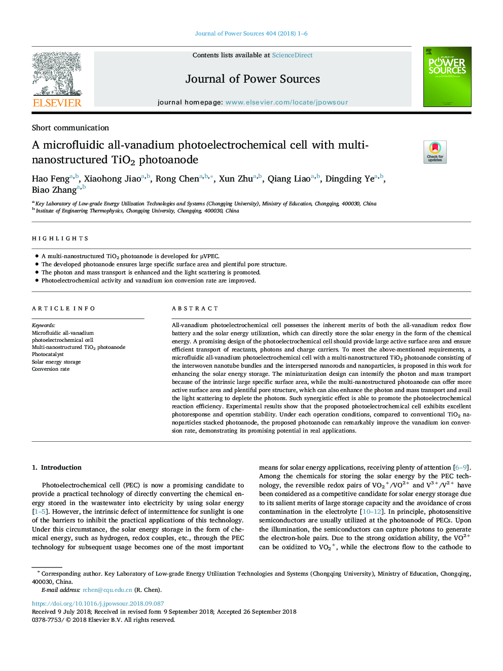 A microfluidic all-vanadium photoelectrochemical cell with multi-nanostructured TiO2 photoanode