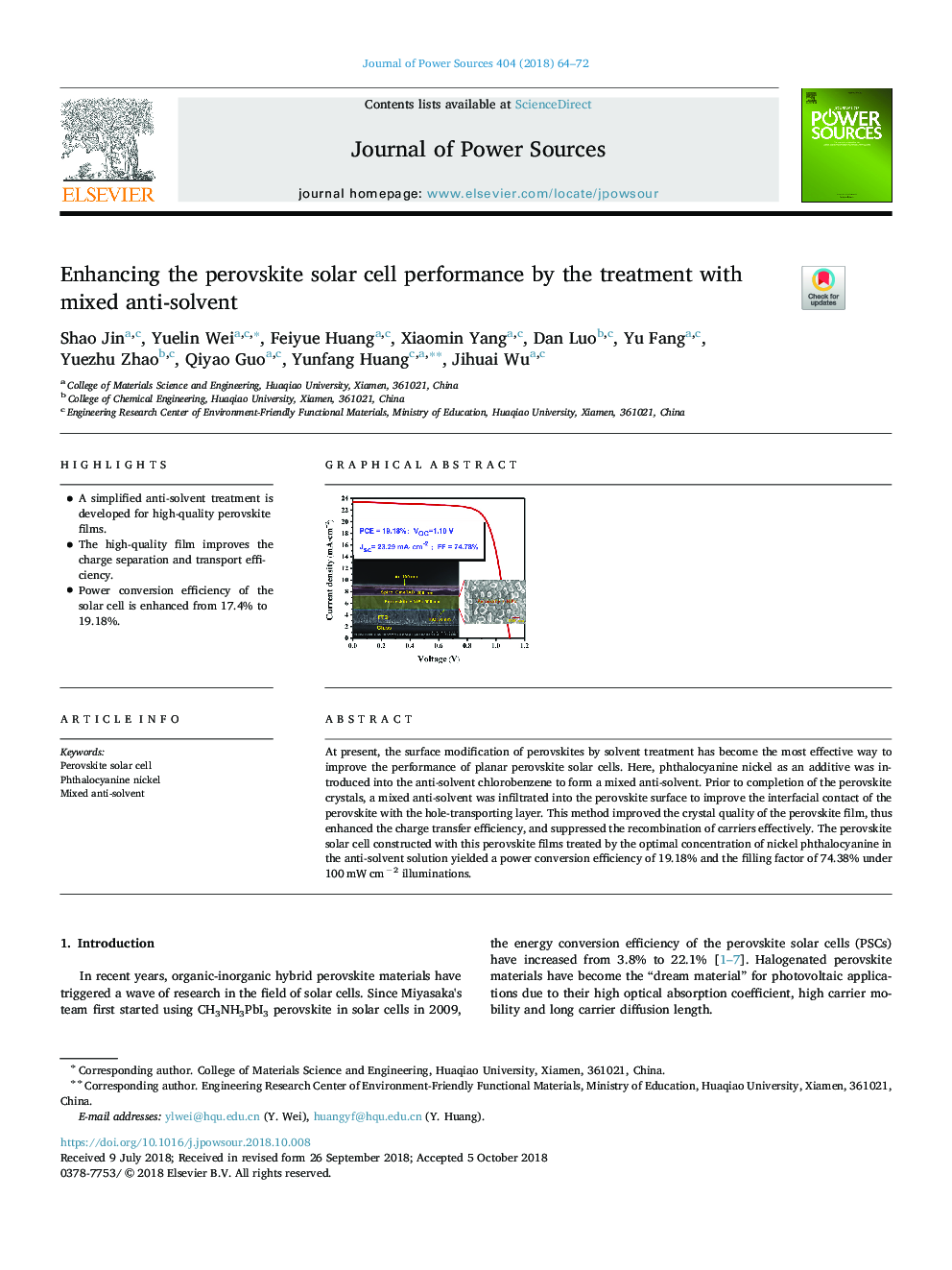 Enhancing the perovskite solar cell performance by the treatment with mixed anti-solvent