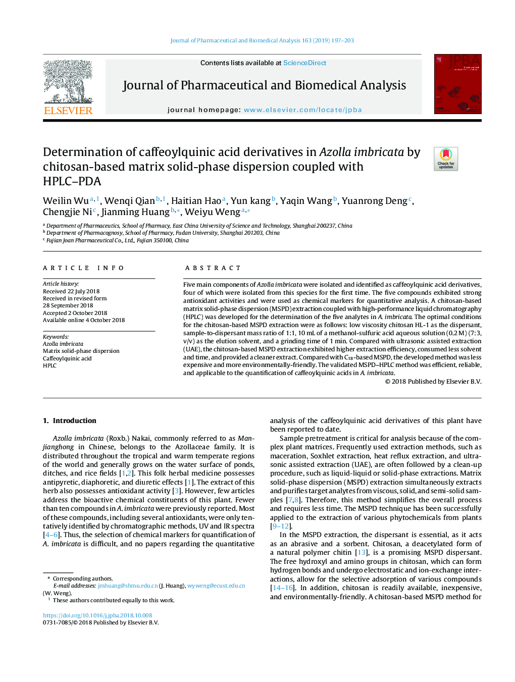 Determination of caffeoylquinic acid derivatives in Azolla imbricata by chitosan-based matrix solid-phase dispersion coupled with HPLC-PDA