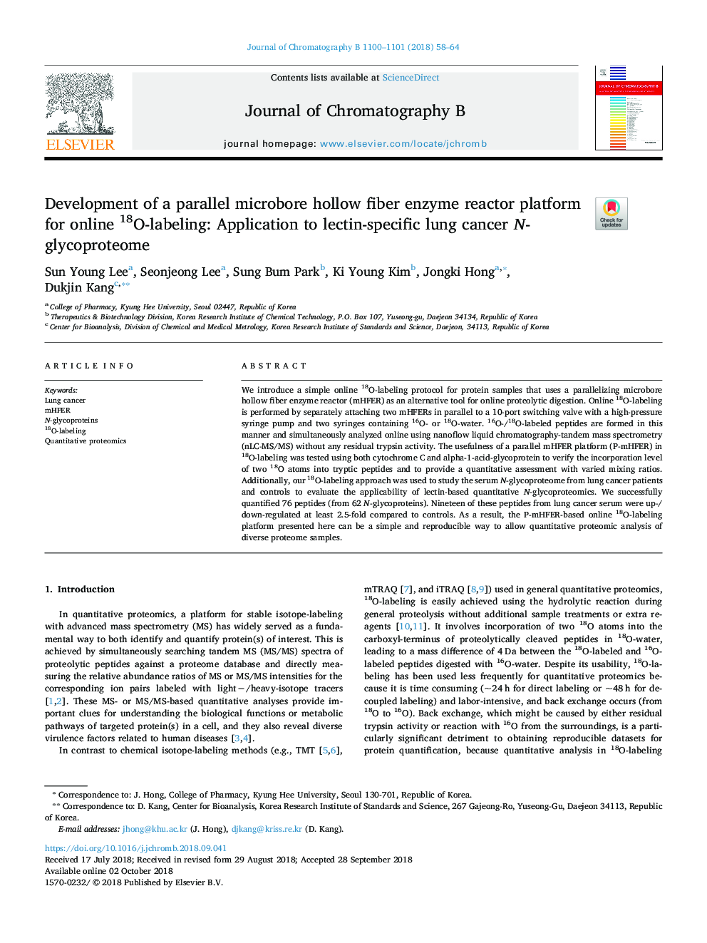 Development of a parallel microbore hollow fiber enzyme reactor platform for online 18O-labeling: Application to lectin-specific lung cancer N-glycoproteome