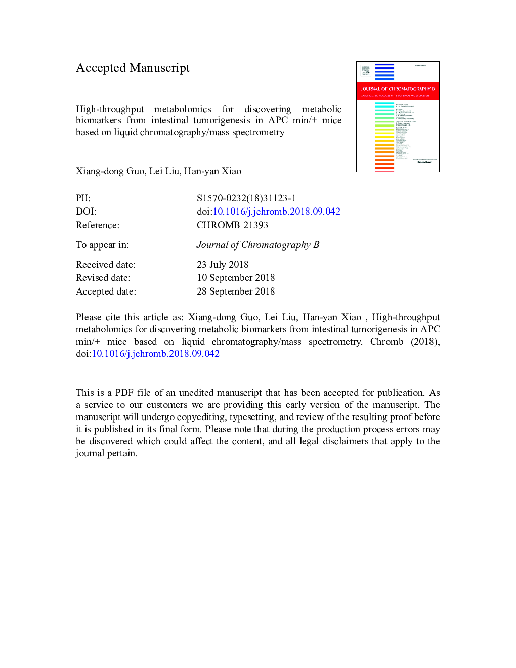 High-throughput metabolomics for discovering metabolic biomarkers from intestinal tumorigenesis in APC min/+ mice based on liquid chromatography/mass spectrometry