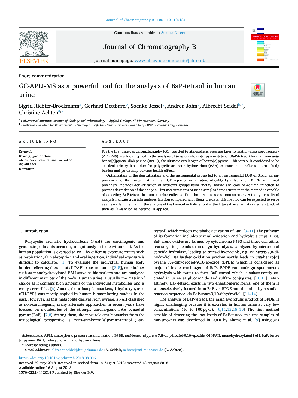 GC-APLI-MS as a powerful tool for the analysis of BaP-tetraol in human urine