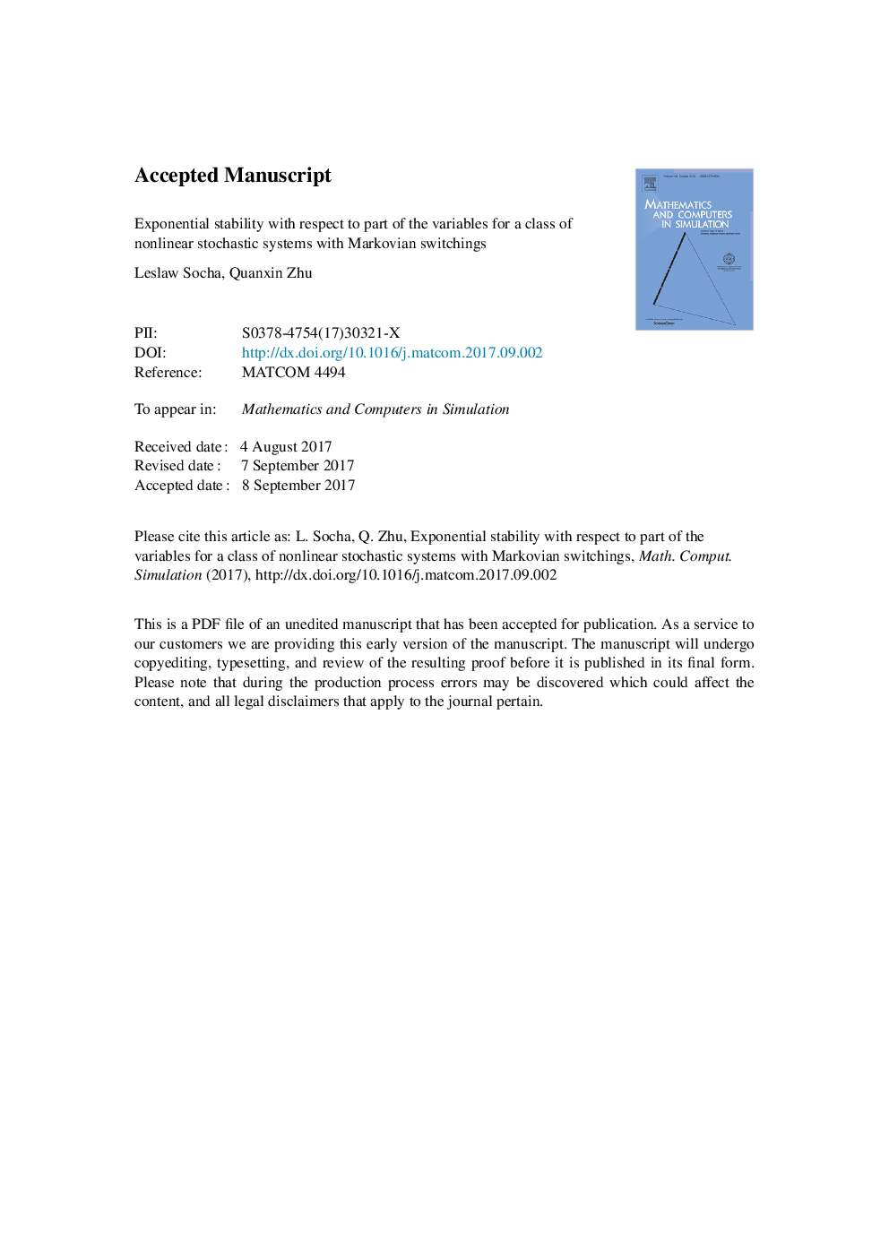 Exponential stability with respect to part of the variables for a class of nonlinear stochastic systems with Markovian switchings