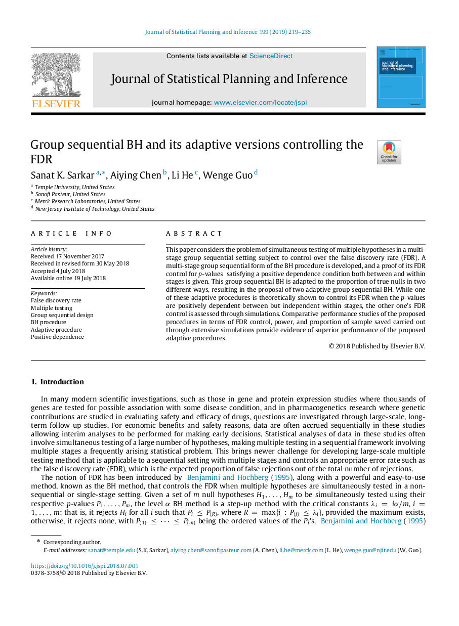 Group sequential BH and its adaptive versions controlling the FDR