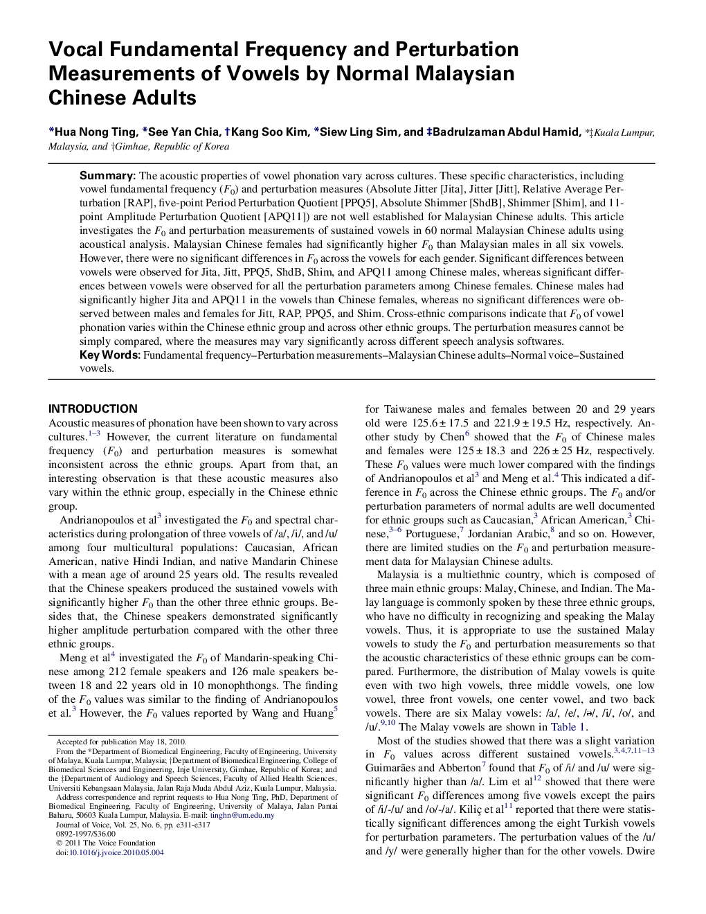 Vocal Fundamental Frequency and Perturbation Measurements of Vowels by Normal Malaysian Chinese Adults