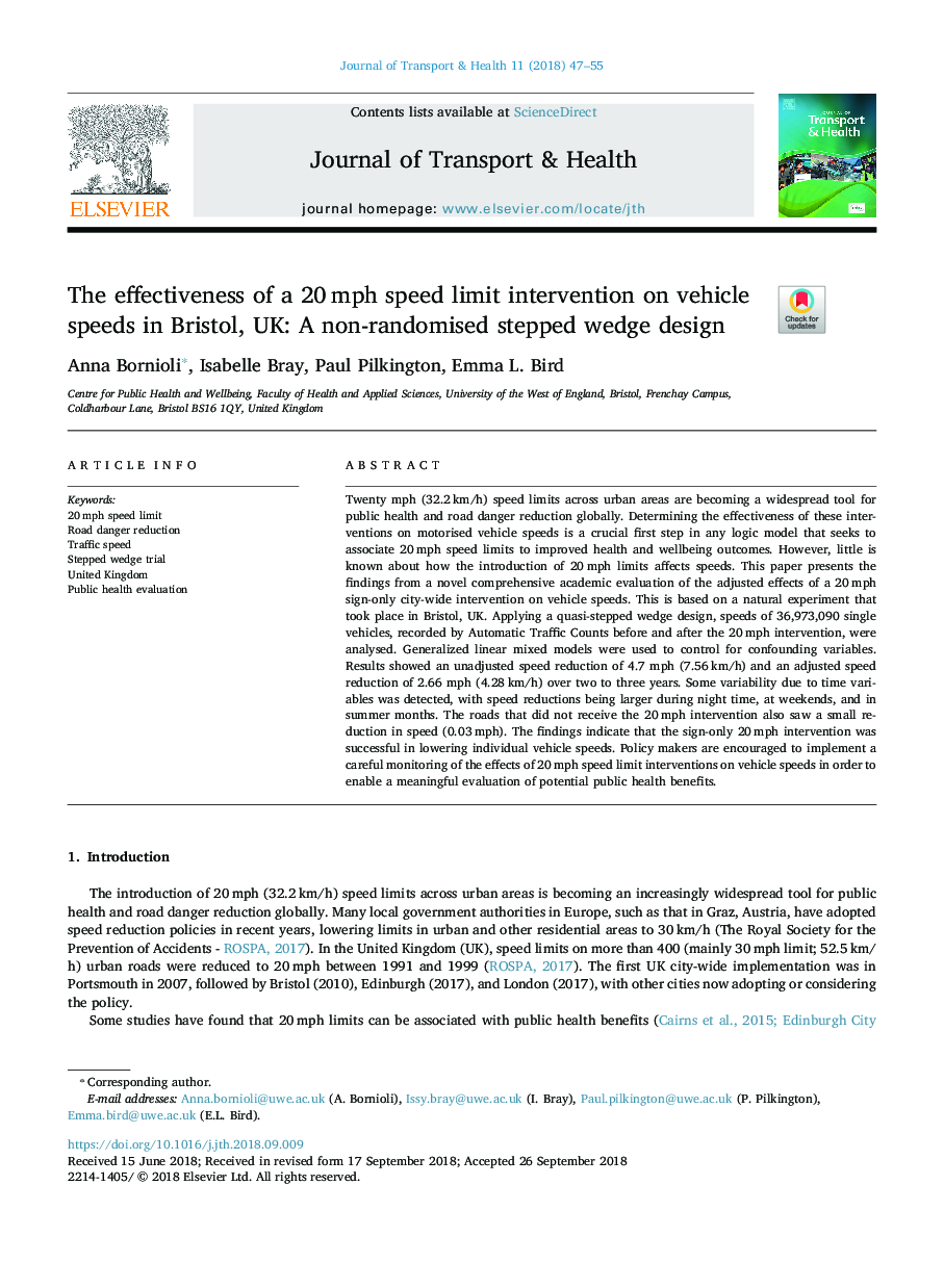 The effectiveness of a 20â¯mph speed limit intervention on vehicle speeds in Bristol, UK: A non-randomised stepped wedge design
