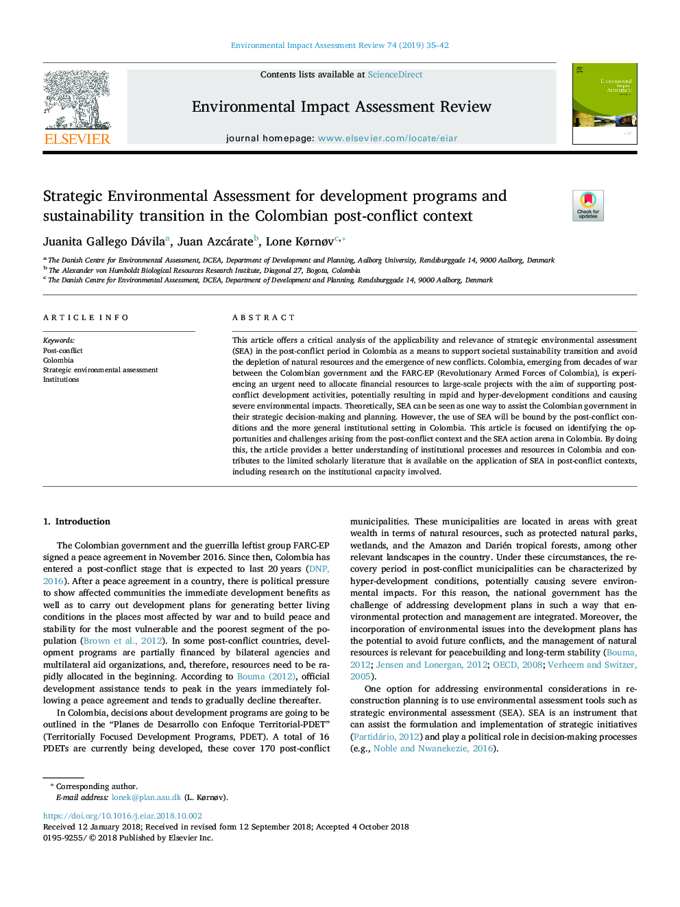 Strategic Environmental Assessment for development programs and sustainability transition in the Colombian post-conflict context