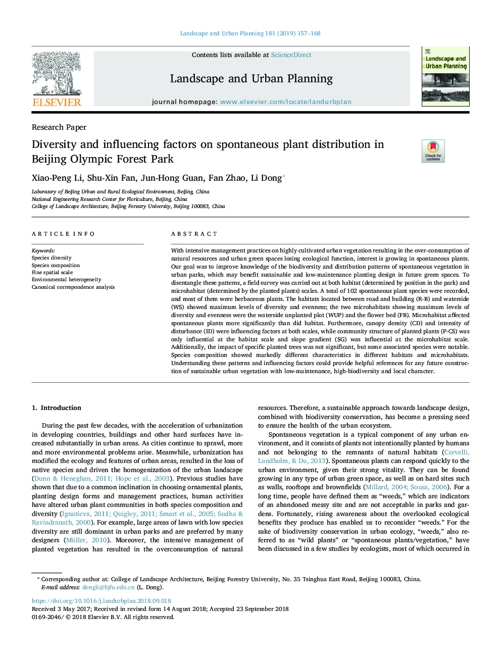 Diversity and influencing factors on spontaneous plant distribution in Beijing Olympic Forest Park