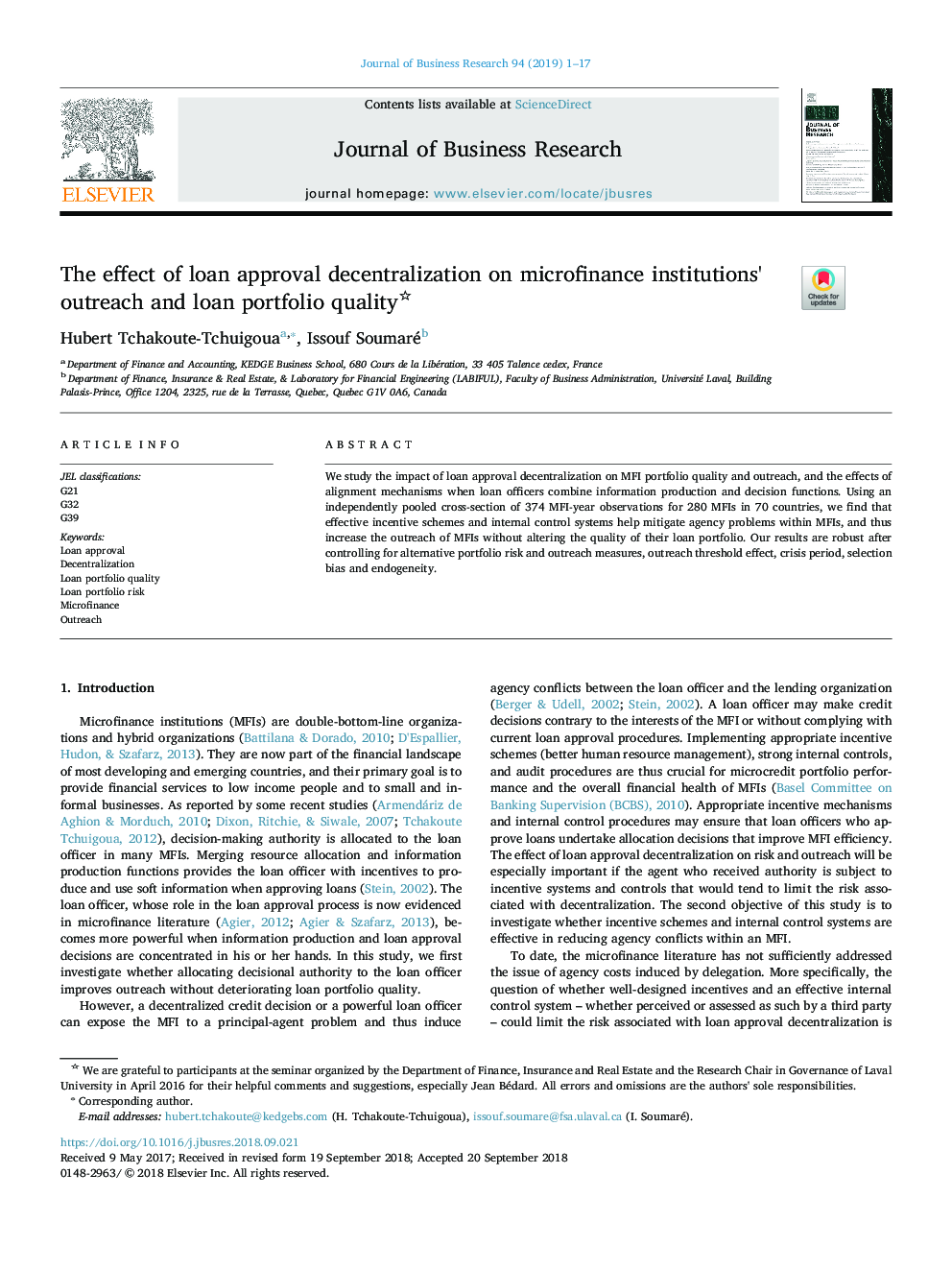 The effect of loan approval decentralization on microfinance institutions' outreach and loan portfolio quality