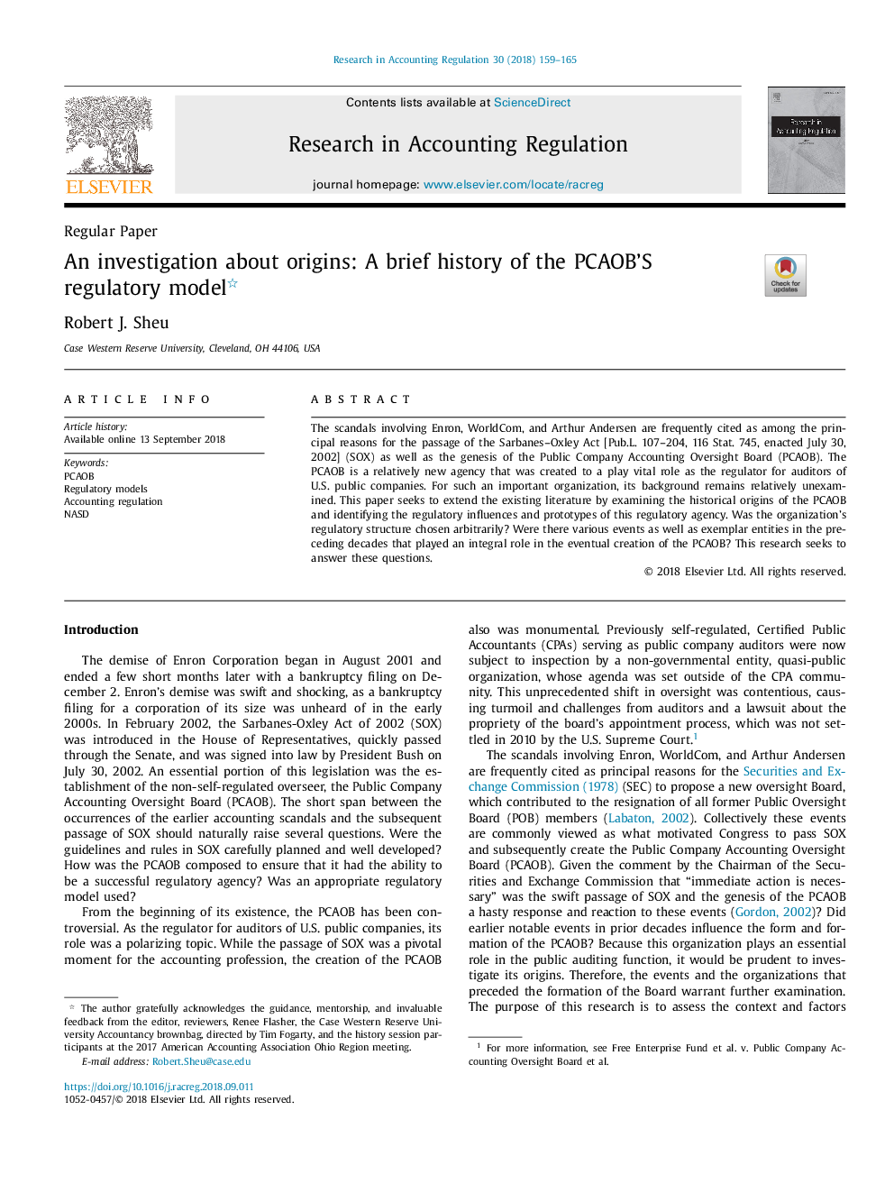 An investigation about origins: A brief history of the PCAOB'S regulatory model