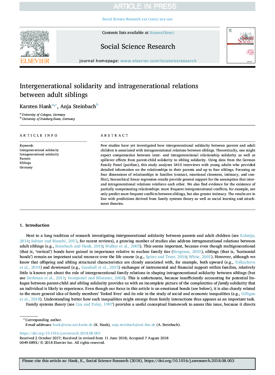 Intergenerational solidarity and intragenerational relations between adult siblings