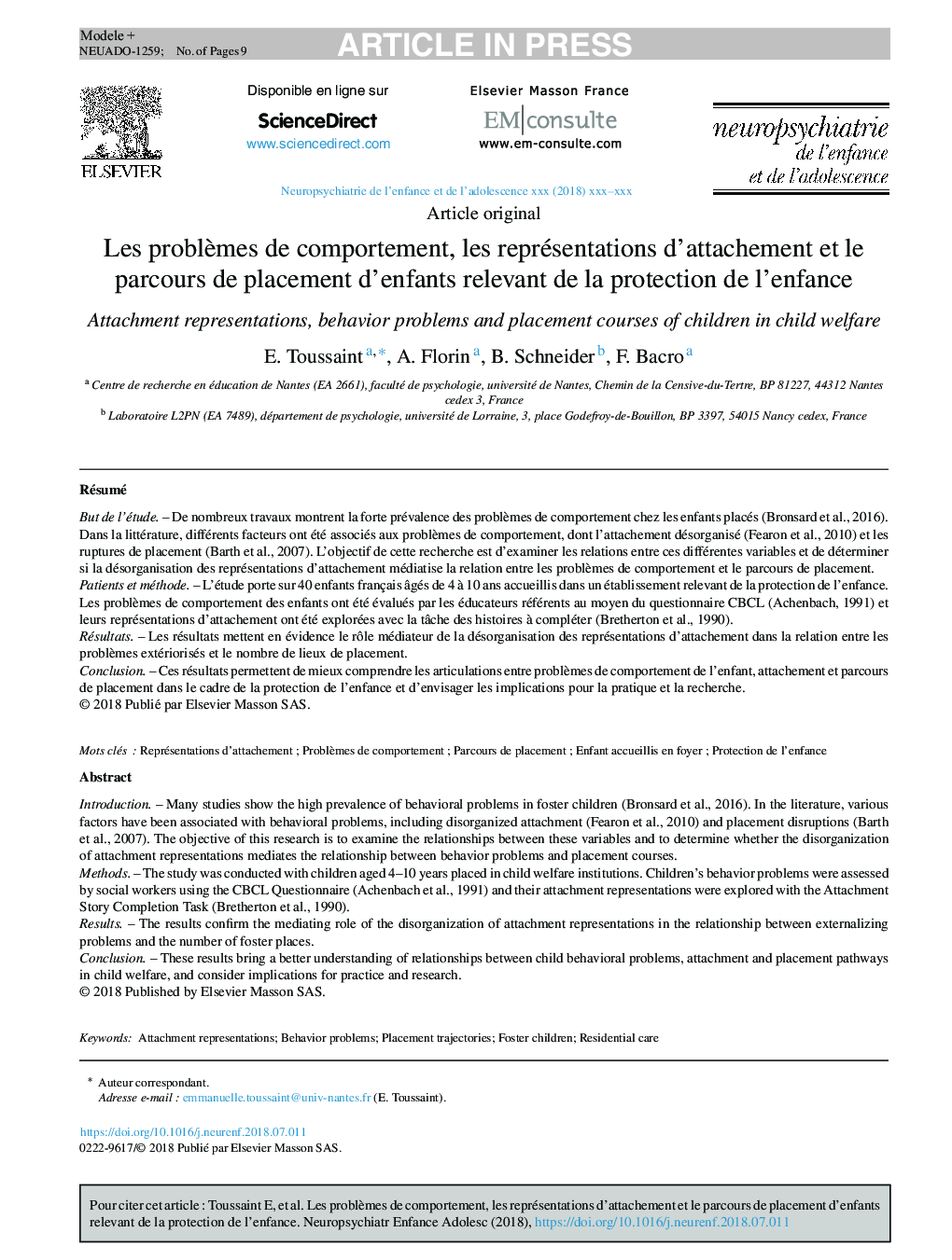 Les problÃ¨mes de comportement, les représentations d'attachement et le parcours de placement d'enfants relevant de la protection de l'enfance