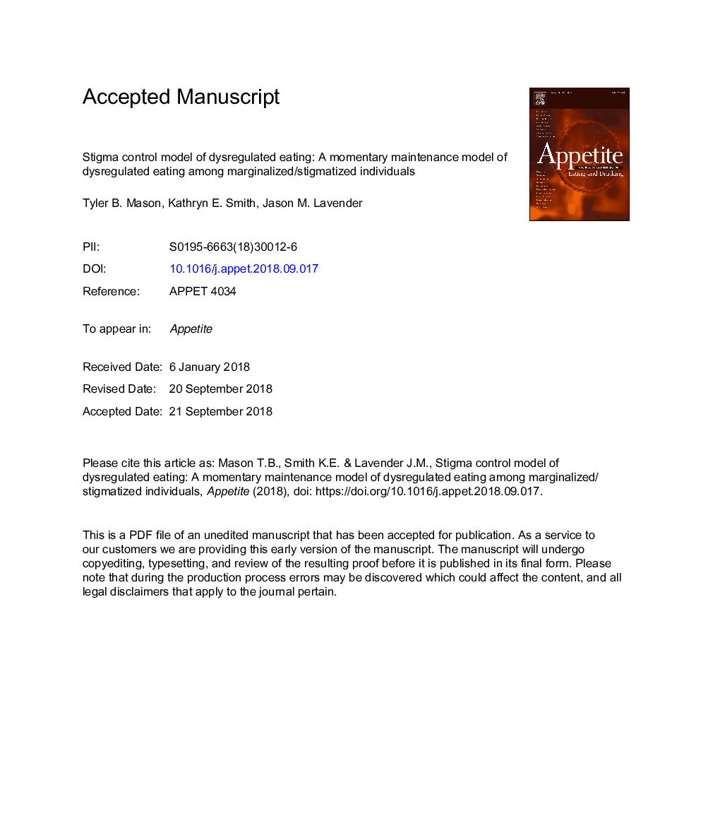 Stigma control model of dysregulated eating: A momentary maintenance model of dysregulated eating among marginalized/stigmatized individuals