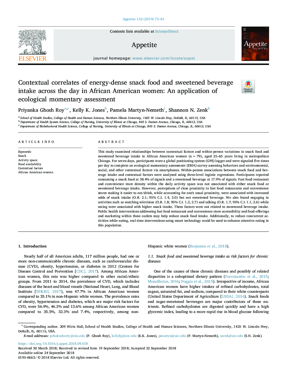 Contextual correlates of energy-dense snack food and sweetened beverage intake across the day in African American women: An application of ecological momentary assessment