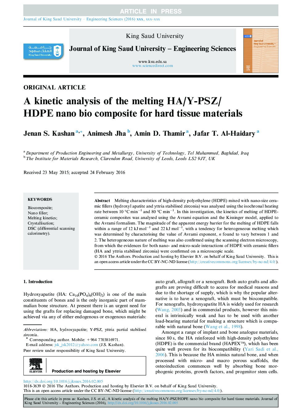 A kinetic analysis of the melting HA/Y-PSZ/HDPE nano bio composite for hard tissue materials