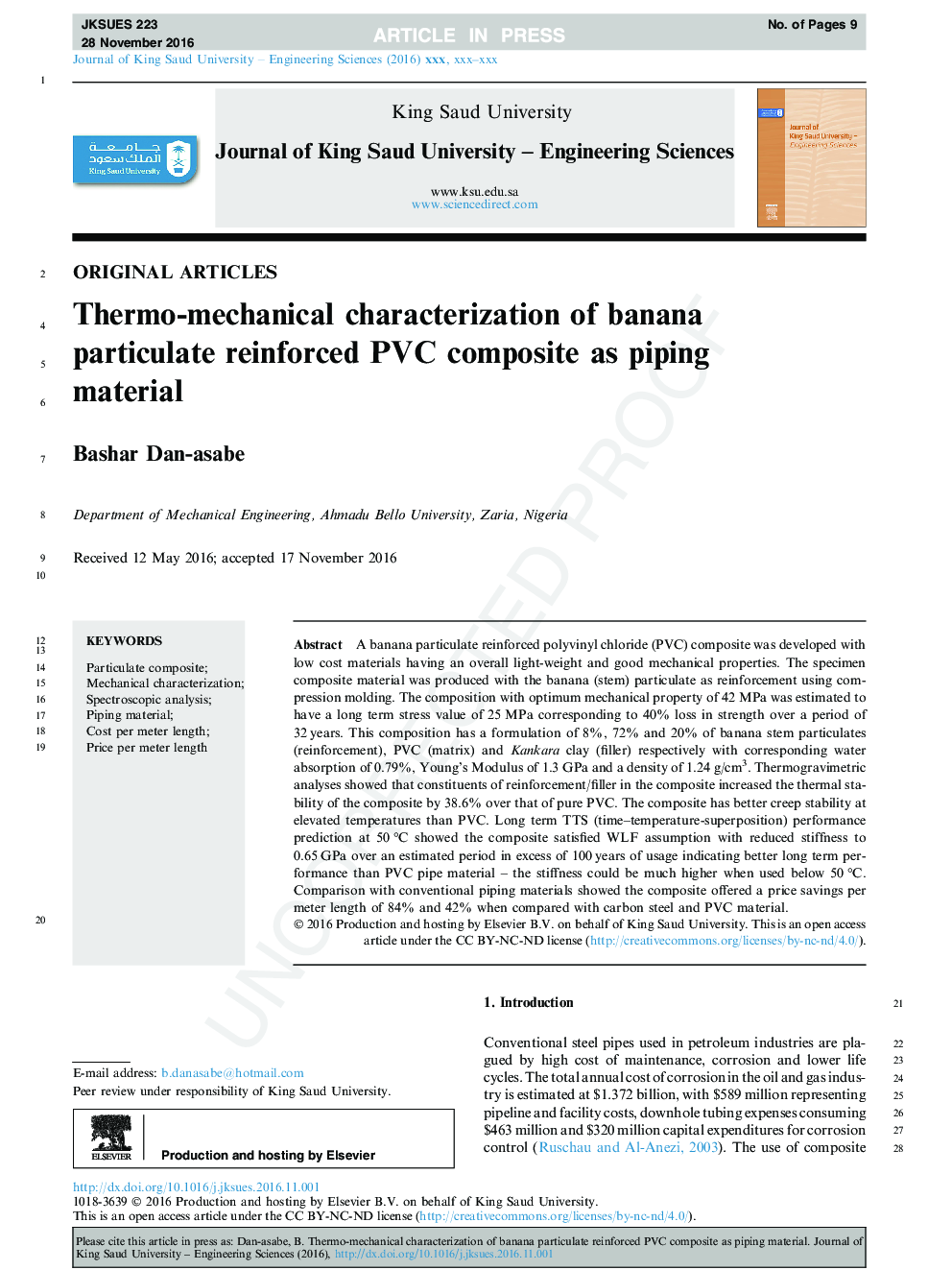 Thermo-mechanical characterization of banana particulate reinforced PVC composite as piping material