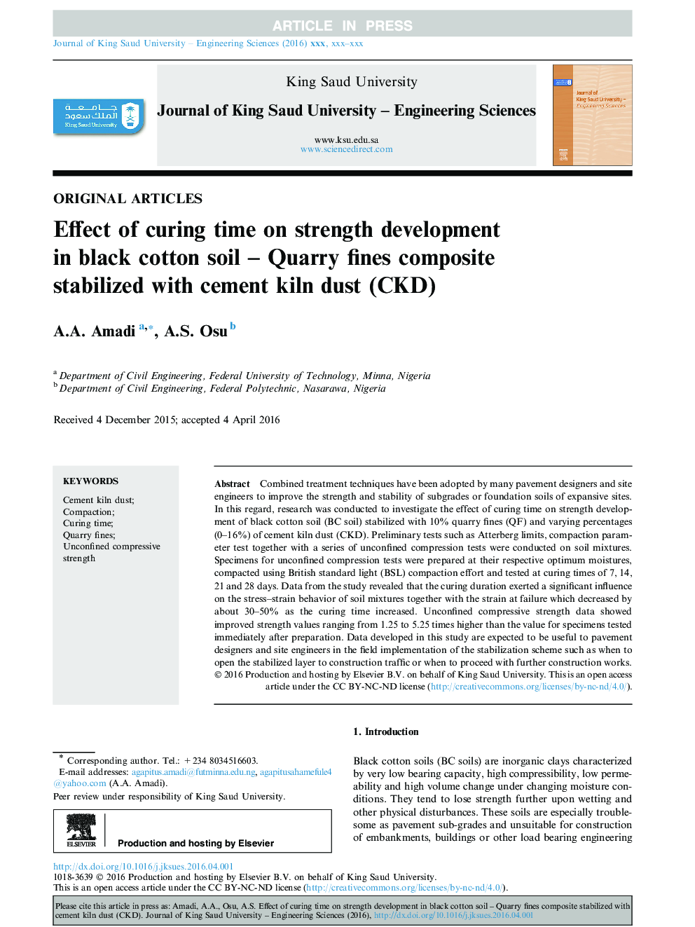 Effect of curing time on strength development in black cotton soil - Quarry fines composite stabilized with cement kiln dust (CKD)