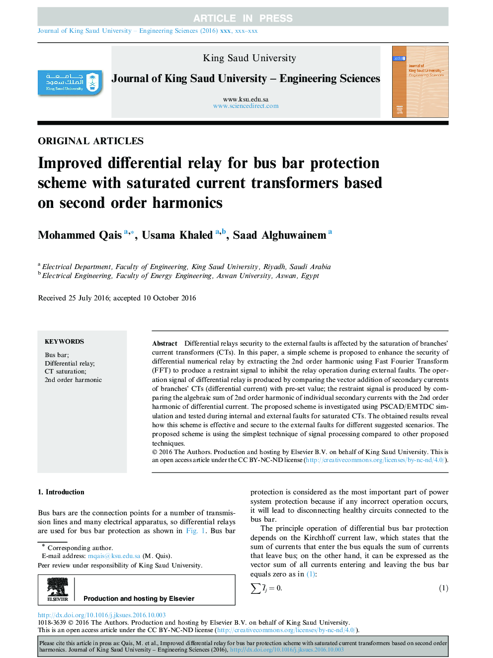 Improved differential relay for bus bar protection scheme with saturated current transformers based on second order harmonics