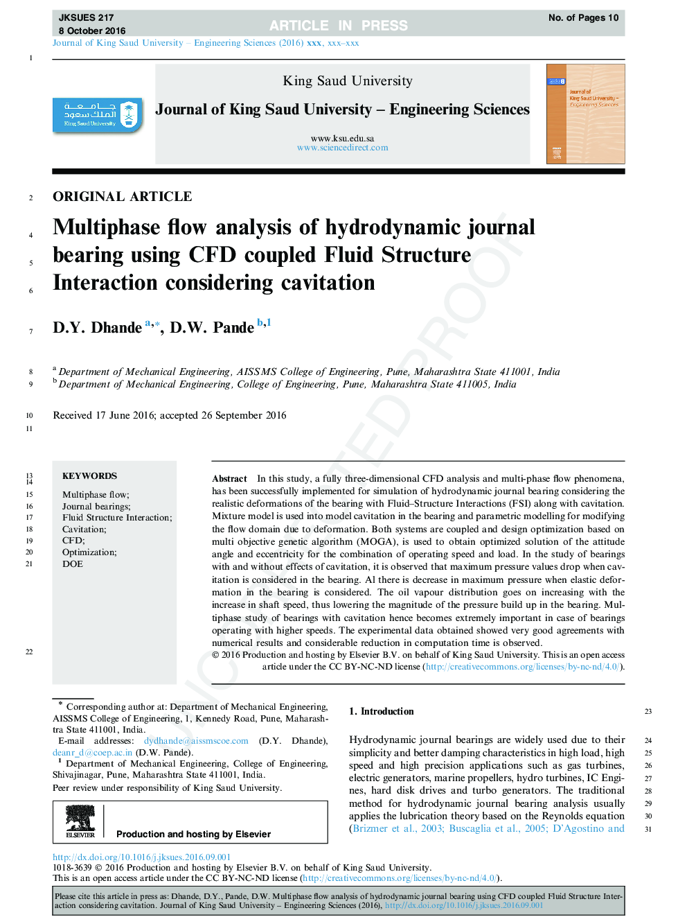 Multiphase flow analysis of hydrodynamic journal bearing using CFD coupled Fluid Structure Interaction considering cavitation