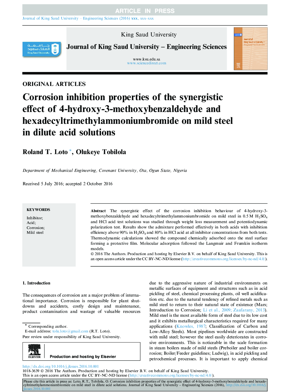 Corrosion inhibition properties of the synergistic effect of 4-hydroxy-3-methoxybenzaldehyde and hexadecyltrimethylammoniumbromide on mild steel in dilute acid solutions