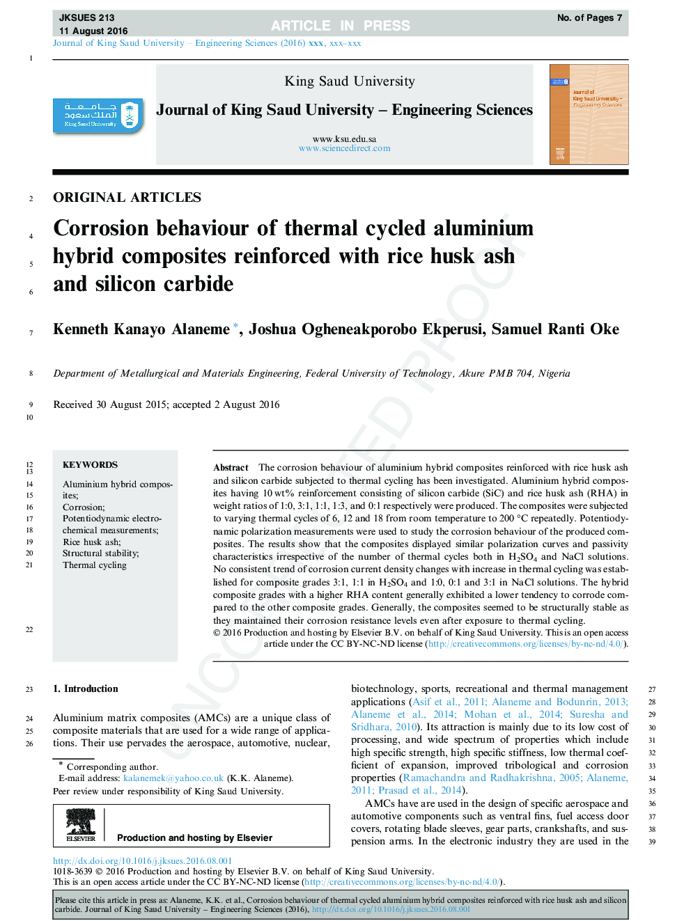 Corrosion behaviour of thermal cycled aluminium hybrid composites reinforced with rice husk ash and silicon carbide