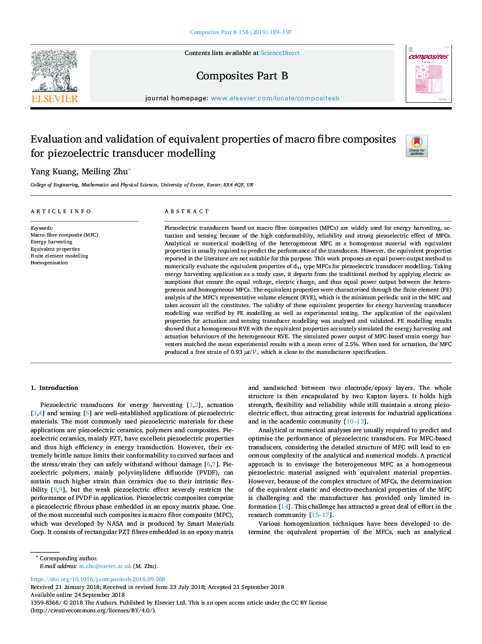 Evaluation and validation of equivalent properties of macro fibre composites for piezoelectric transducer modelling